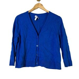DENIM & CO Pointelle Stitch V-neck 3/4 Sleeve Cardigan Rich Blue XS